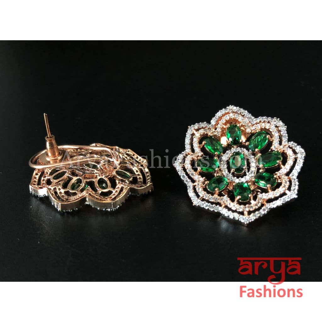 Rose Gold Silver Cubic Zirconia Studs with Green Stones