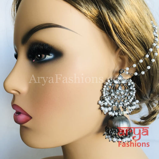 Round Gray Metal Long Jhumka Earrings