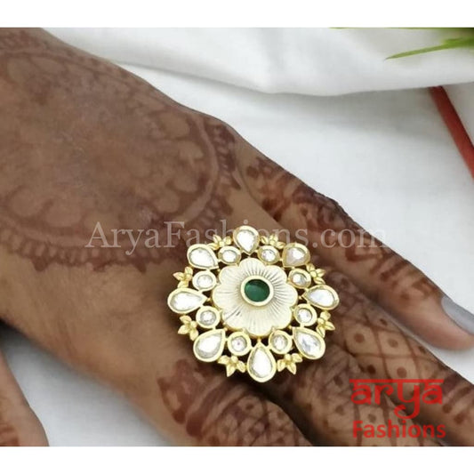 Round Ivory Meenakari Emerald Kundan Adjustable Ring