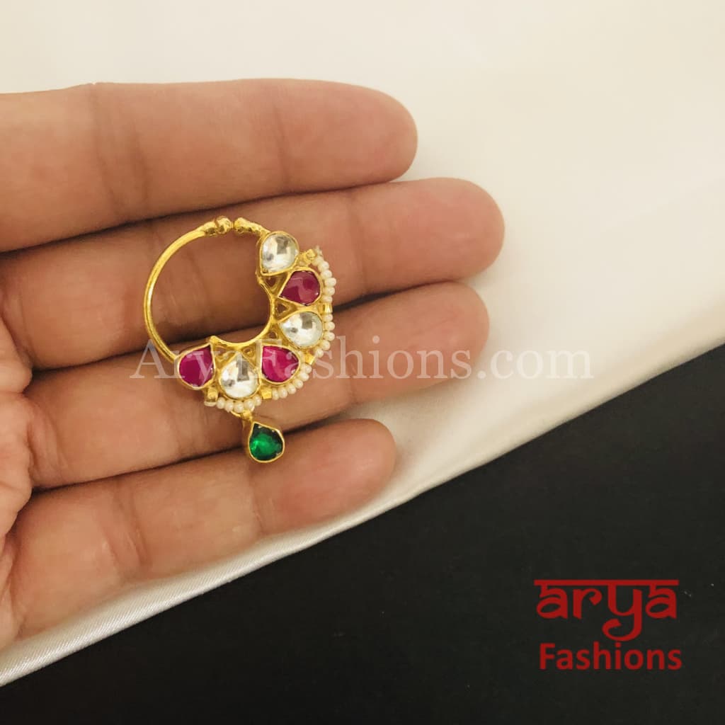 Buy Priyaasi Kundan Studded Nath for Women | Traditional Floral Design | Bridal  Nath for Wedding with Pearl Chain | Gold-Plated | Brass Metal | Bridal Nose  Ring - Without Piercing | Big Size at Amazon.in