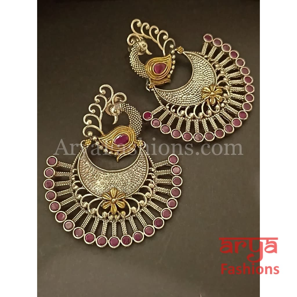 Round Pink Green Dual Tone Oxidized Big Chandbali Earrings
