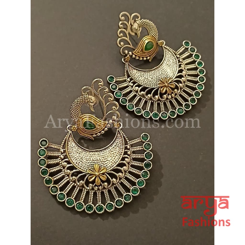 Round Pink Green Dual Tone Oxidized Big Chandbali Earrings