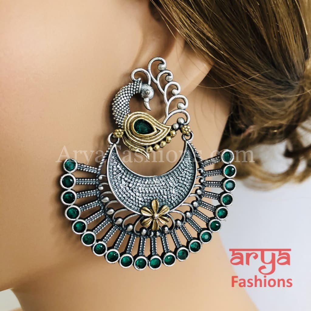 Round Pink Green Dual Tone Oxidized Big Chandbali Earrings
