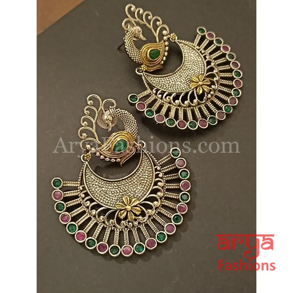 Round Pink Green Dual Tone Oxidized Big Chandbali Earrings