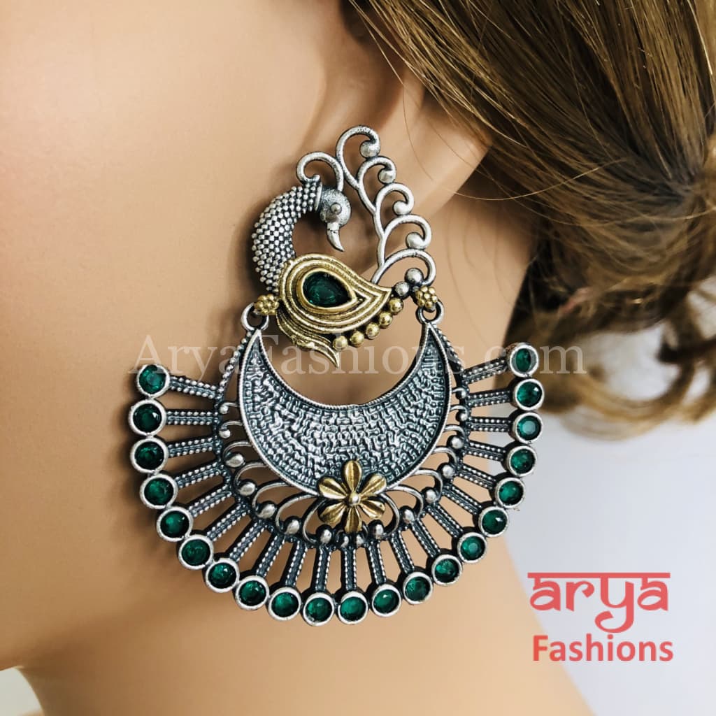 Round Pink Green Dual Tone Oxidized Big Chandbali Earrings