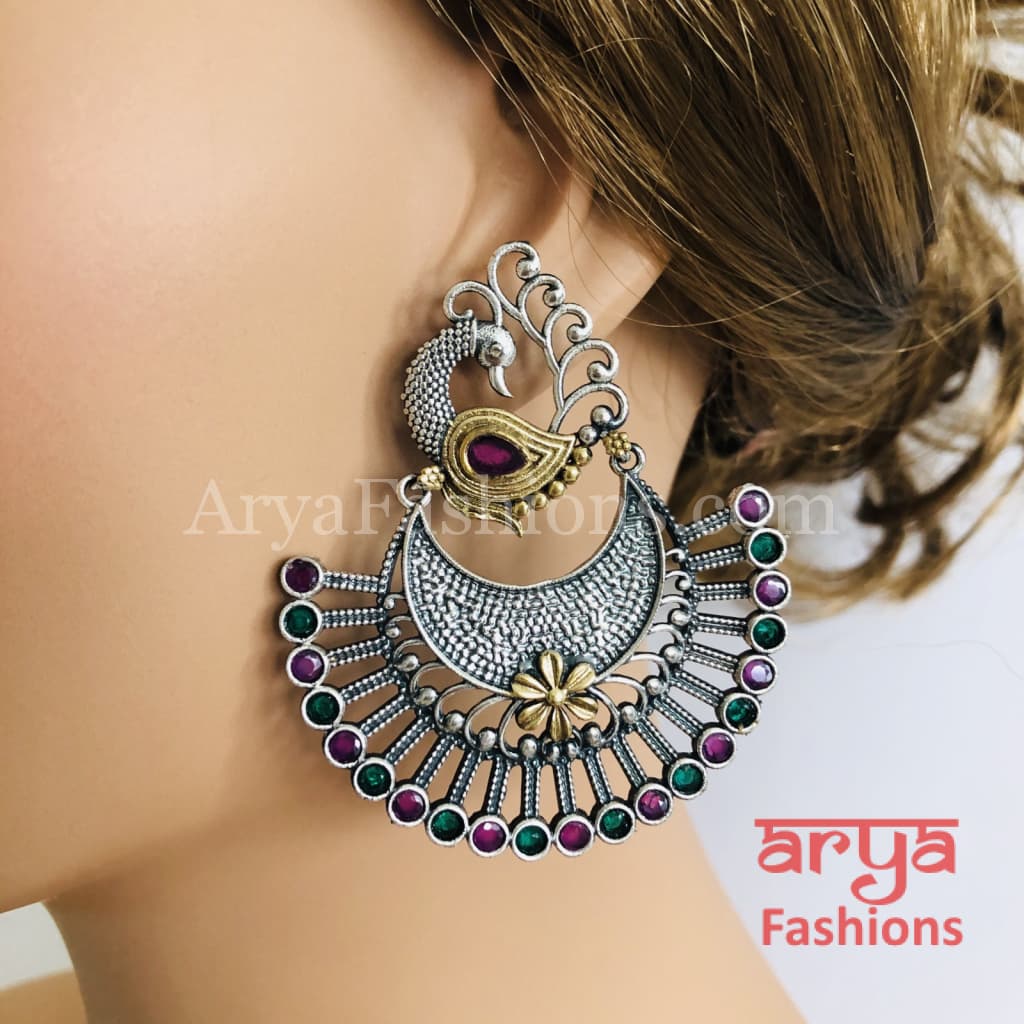 Round Pink Green Dual Tone Oxidized Big Chandbali Earrings