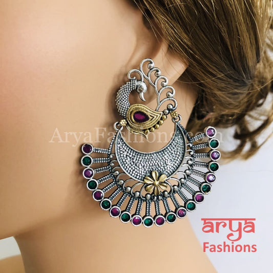 Round Pink Green Dual Tone Oxidized Big Chandbali Earrings