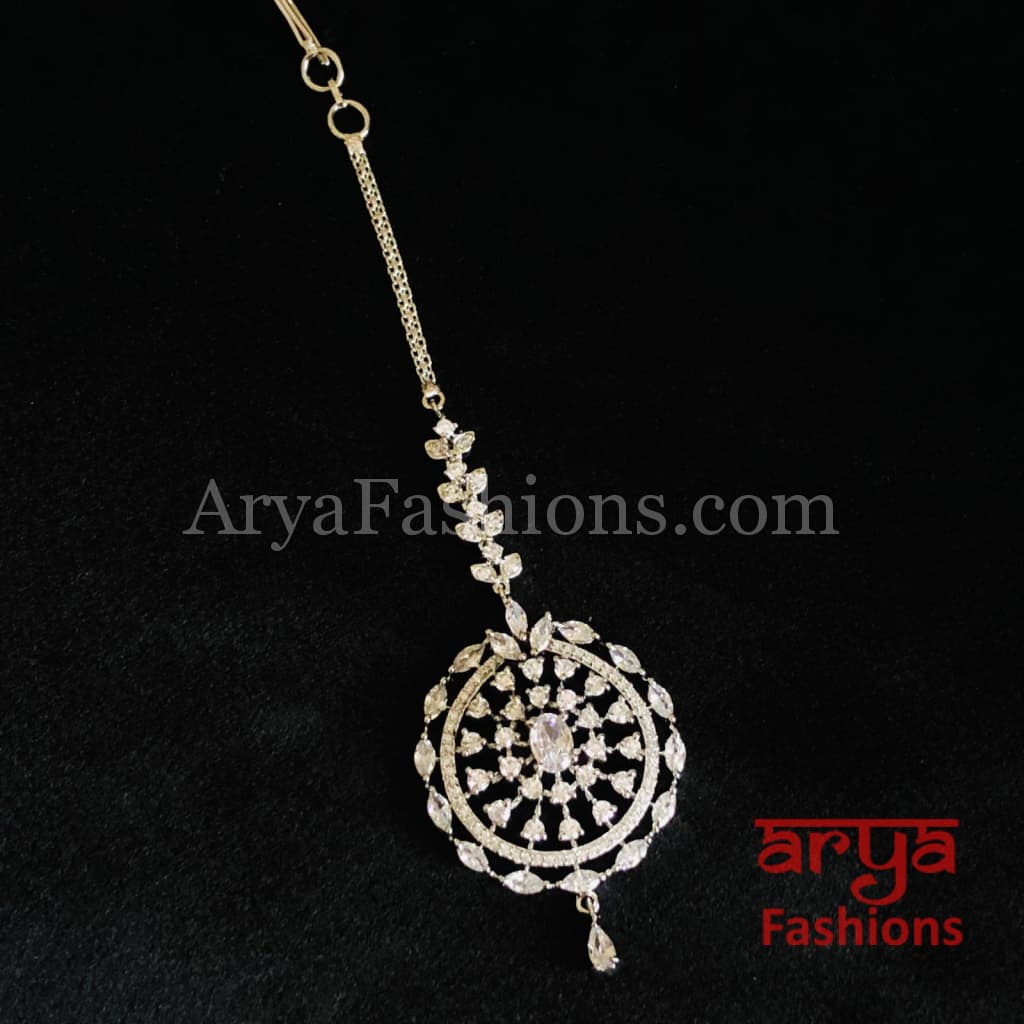 Round Silver CZ Mang Tika/Golden Maang Tikka