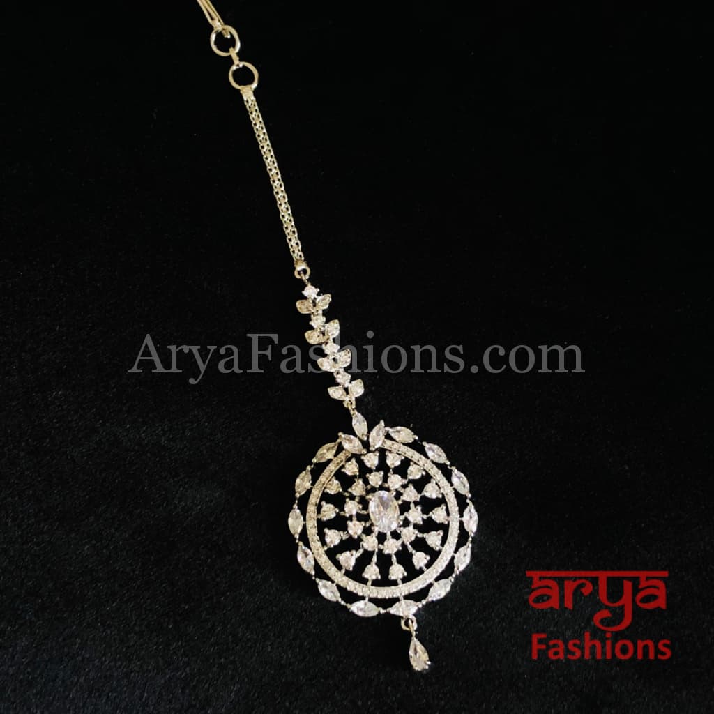 Round Silver CZ Mang Tika/Golden Maang Tikka