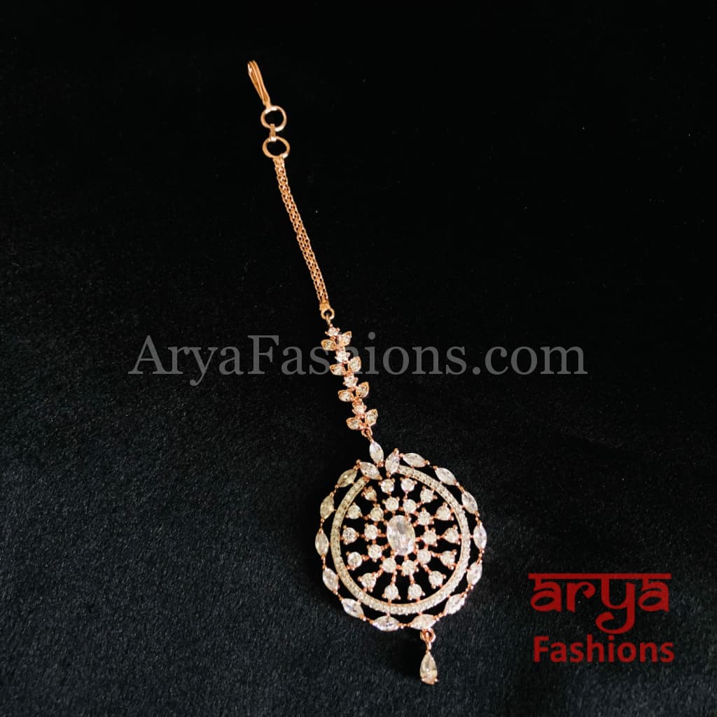 Round Silver CZ Mang Tika/Golden Maang Tikka