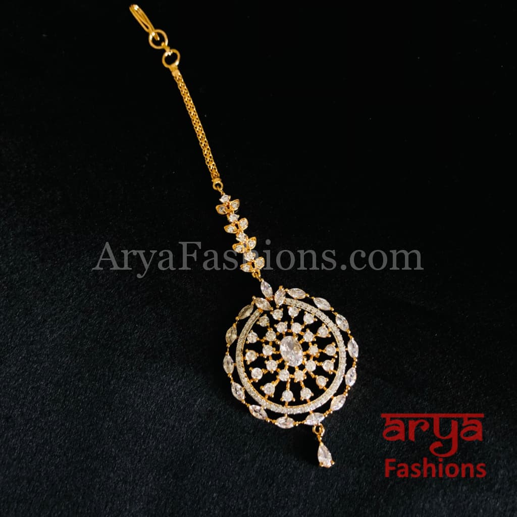 Round Silver CZ Mang Tika/Golden Maang Tikka