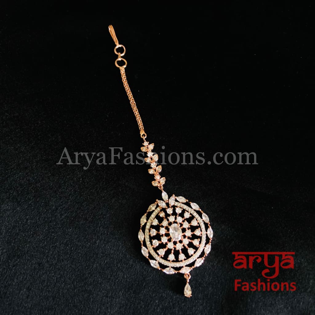 Round Silver CZ Mang Tika/Golden Maang Tikka