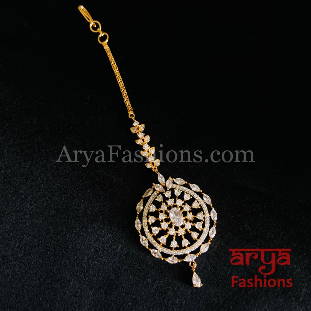 Round Silver CZ Mang Tika/Golden Maang Tikka
