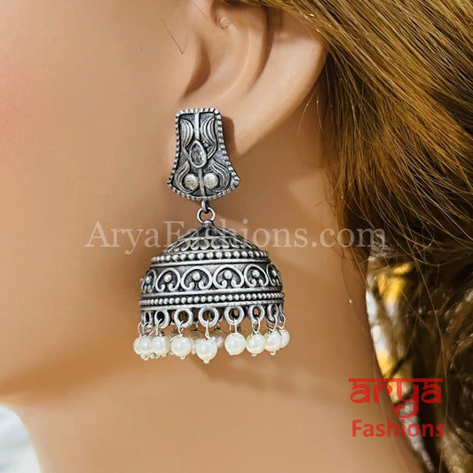 Round Silver Oxidized Jhumka Earrings
