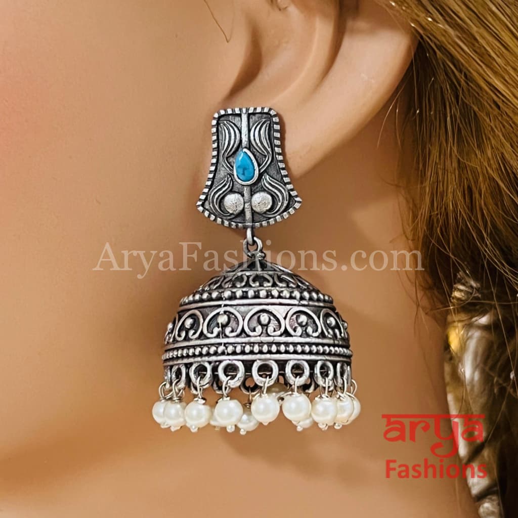 Round Silver Oxidized Jhumka Earrings