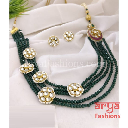 Roza Emerald Green Long Beads Necklace/ Jaipuri Ruby Kundan Necklace