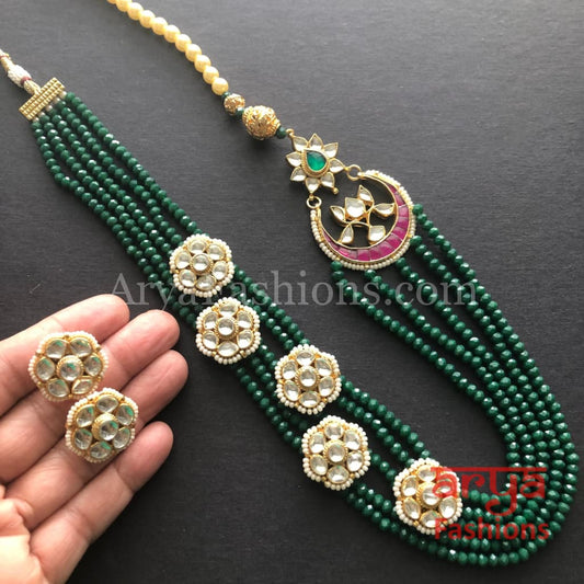 Roza Emerald Green Long Beads Necklace/ Jaipuri Ruby Kundan Necklace