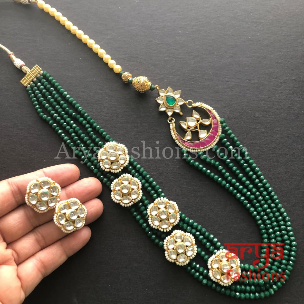 Roza Emerald Green Long Beads Necklace/ Jaipuri Ruby Kundan Necklace