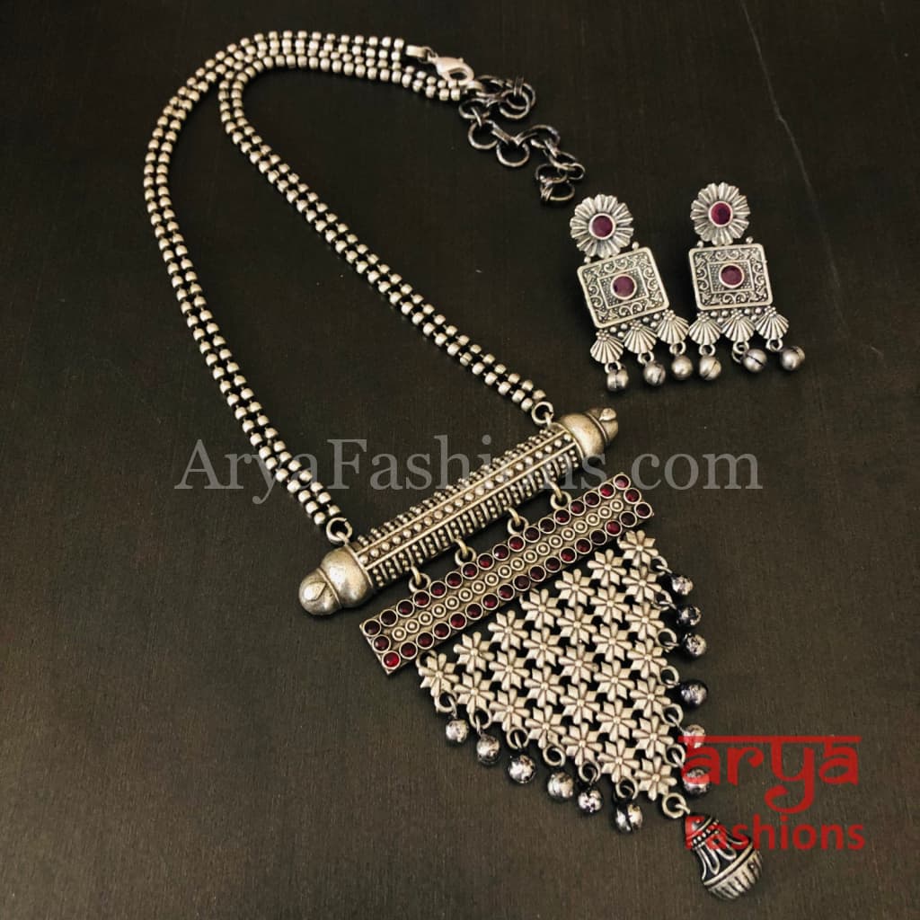 Rubina Oxidized Silver Tribal Pendant Necklace with Chain