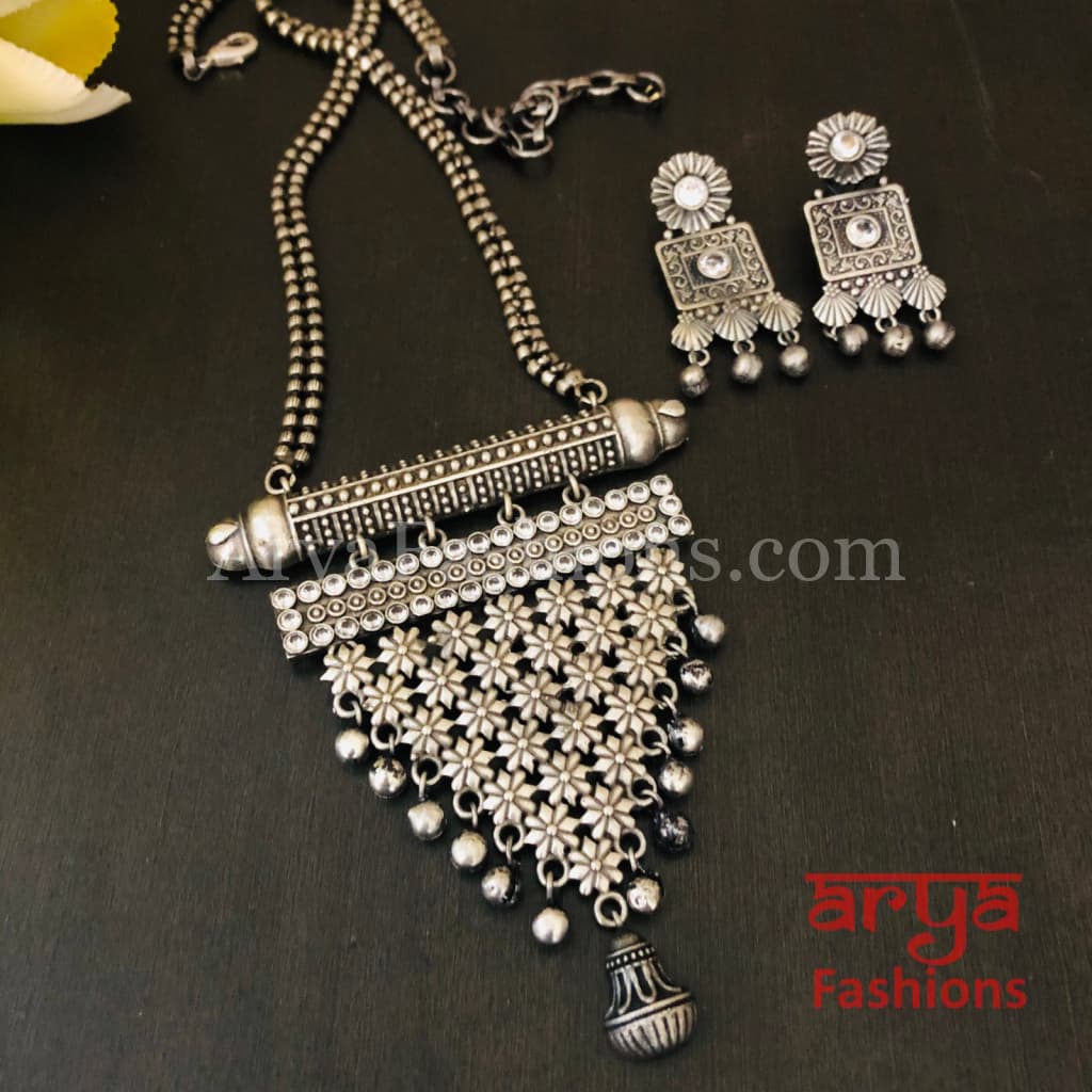 Rubina Oxidized Silver Tribal Pendant Necklace with Chain