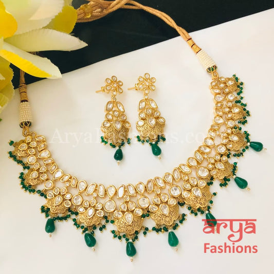 Ruby Green Beads Pacchi Kundan Necklace/ Rajwadi Jadau Meenakari Necklace