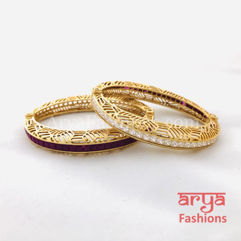 Ruby Kundan CZ Openable Kadas Pair of 2 Bangles