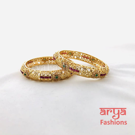 Ruby Kundan Emerald CZ Bangles Pair of 2