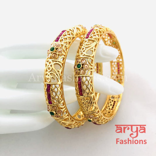 Ruby Kundan Emerald CZ Bangles Pair of 2