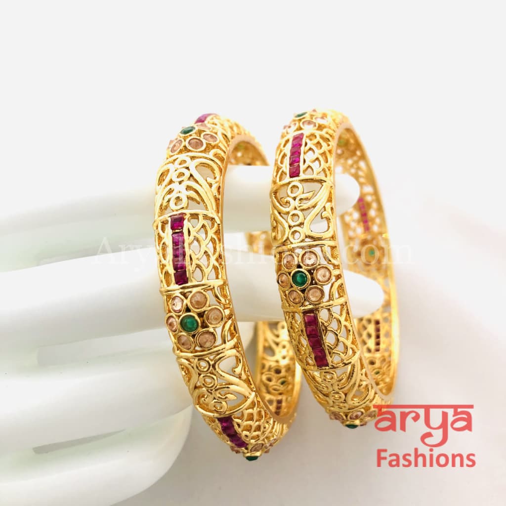 Ruby Kundan Emerald CZ Bangles Pair of 2