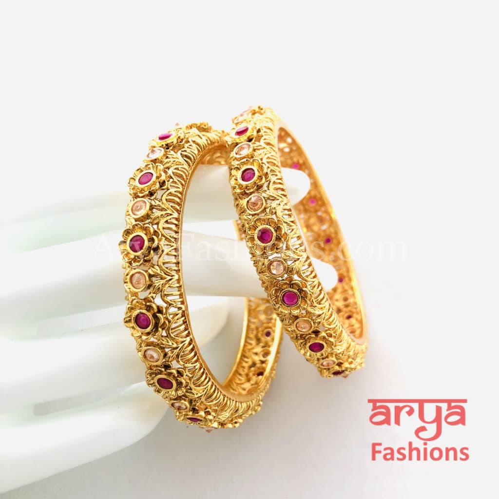 Ruby Kundan Rajwadi Bangles Pair of 2