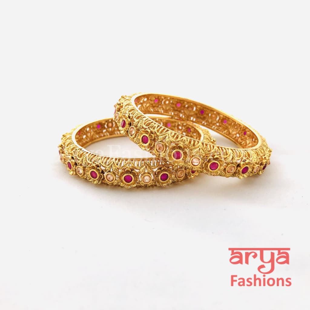 Ruby Kundan Rajwadi Bangles Pair of 2