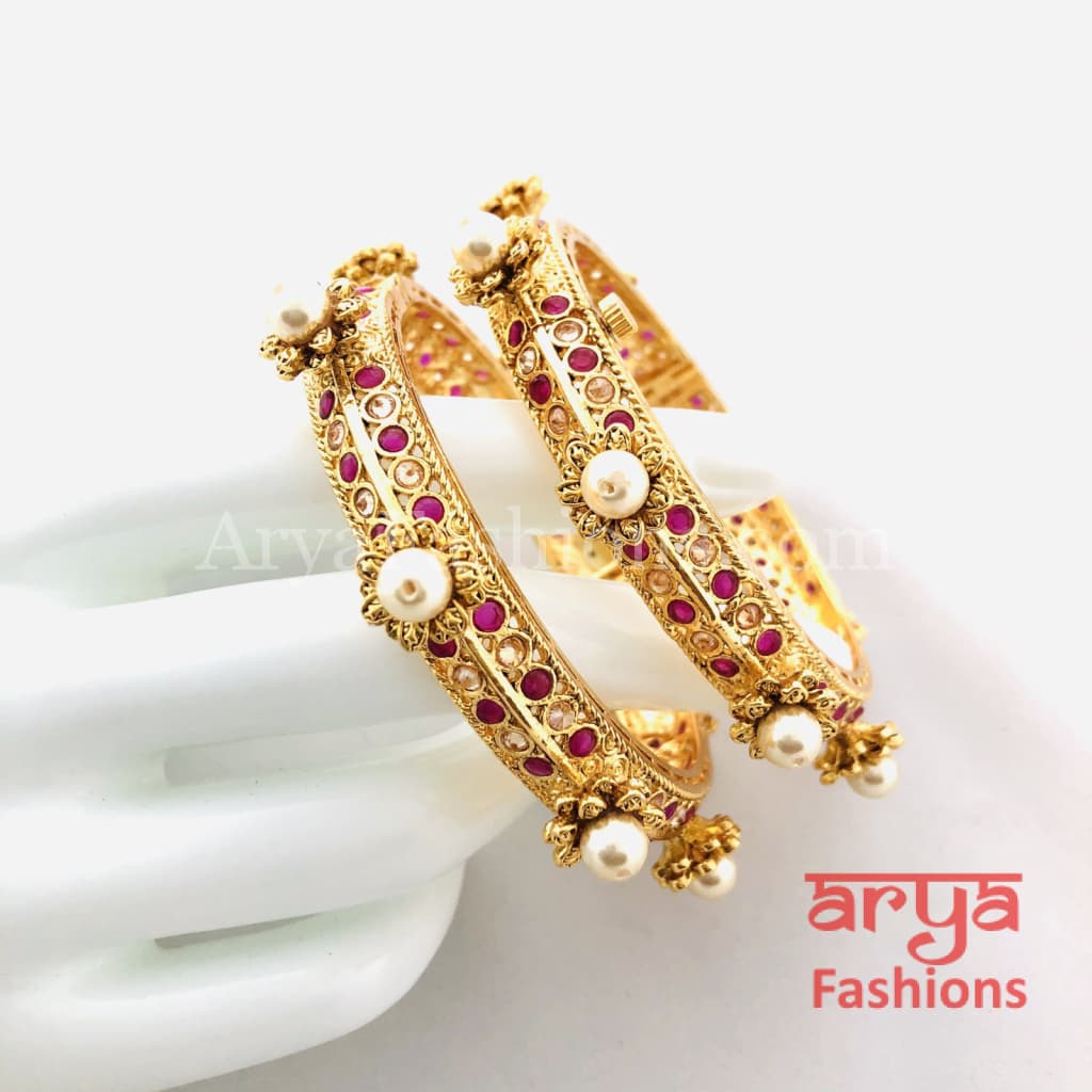 Ruby Kundan Rajwadi Bangles with Pearls Pair of 2