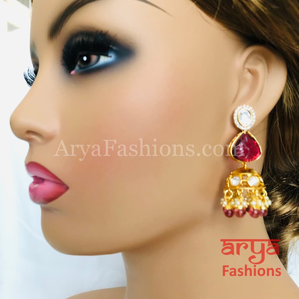 Ruby Pacchi Kundan Jhumka Earrings/ Emerald Green Earrings