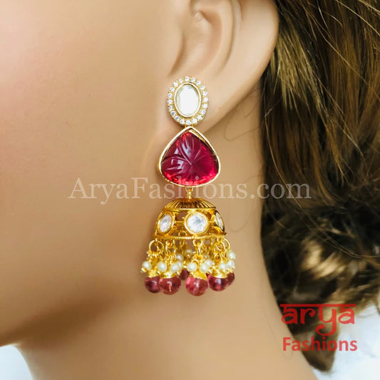 Ruby Pacchi Kundan Jhumka Earrings/ Emerald Green Earrings