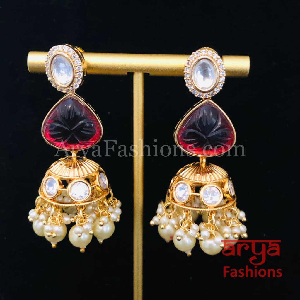 Ruby Pacchi Kundan Jhumka Earrings/ Emerald Green Earrings