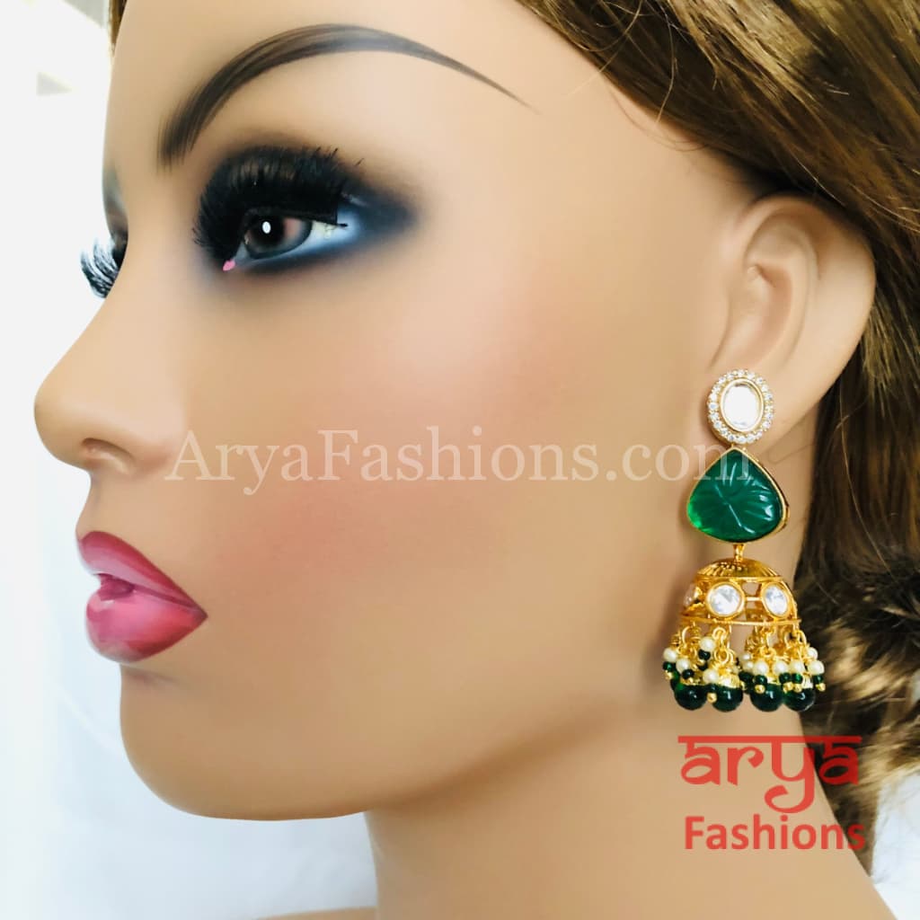 Ruby Pacchi Kundan Jhumka Earrings/ Emerald Green Earrings