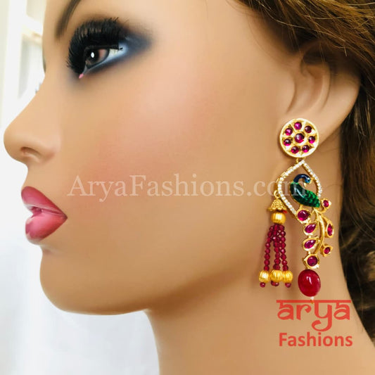 Ruby Peacock Kundan Earrings with Meenakari