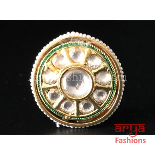 Ruby Pearl Green Meenakari Round Golden Kundan Ring