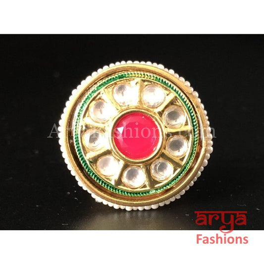 Ruby Pearl Green Meenakari Round Golden Kundan Ring