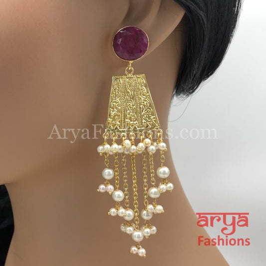 Ruby Pink Matte Gold Long Ethnic Jhumka