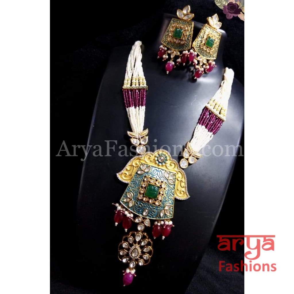 Ruby Victorian Kundan Long Necklace with and pearls