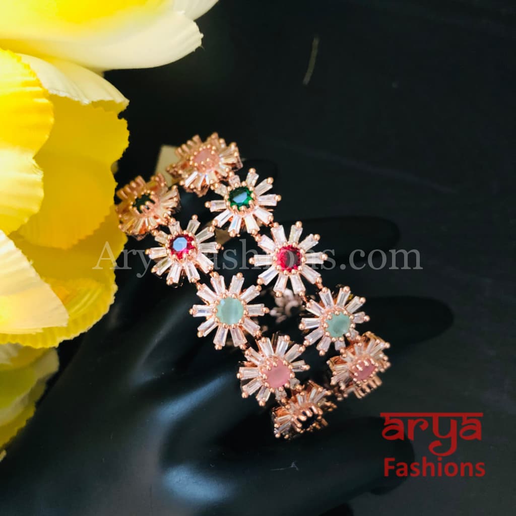 Ruhi Rose Gold Cubic Zirconia Designer Bangles with Multicolor Stones