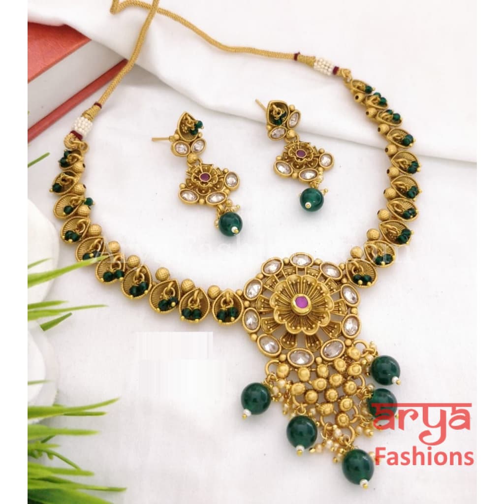 Rumi Antique Golden Necklace set with Kundan Meenakari and Cheed beads
