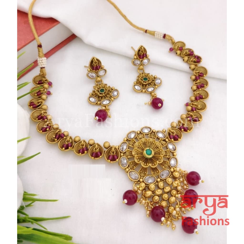 Rumi Antique Golden Necklace set with Kundan Meenakari and Cheed beads