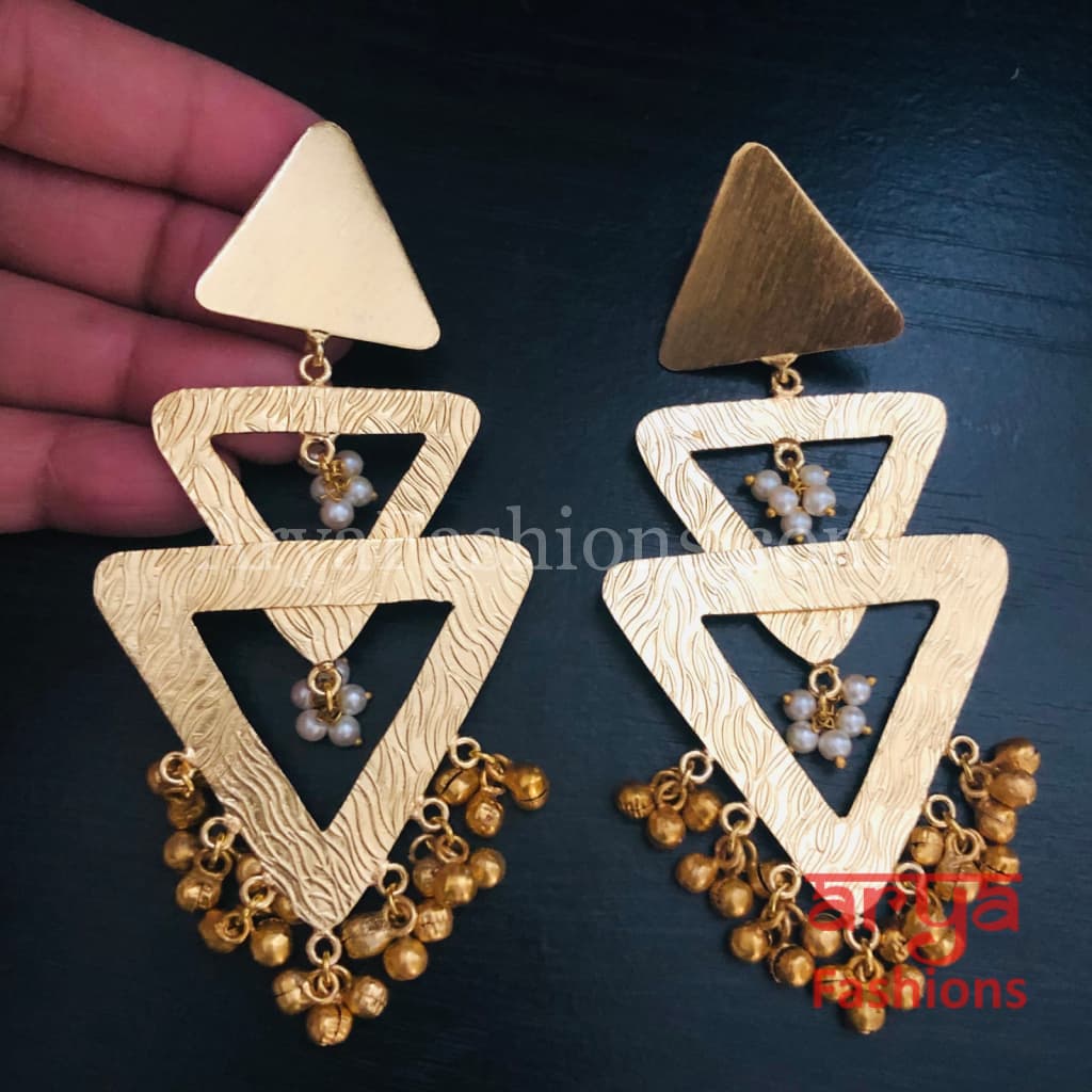 Rumi Golden Fusion Indian Earrings with Pearl and Ghungroo beads