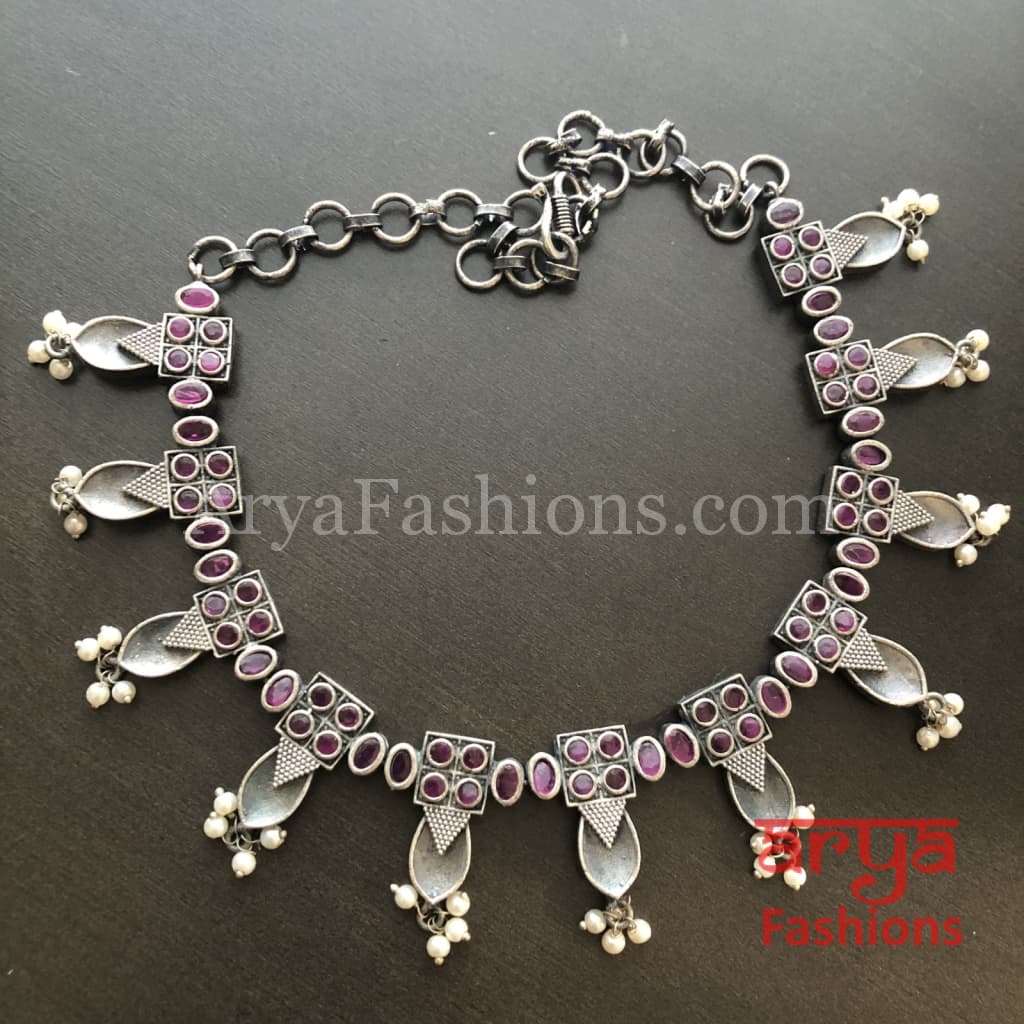 Rumi Handmade Oxidized Silver Necklace with Pearl Beads/Kolhapuri