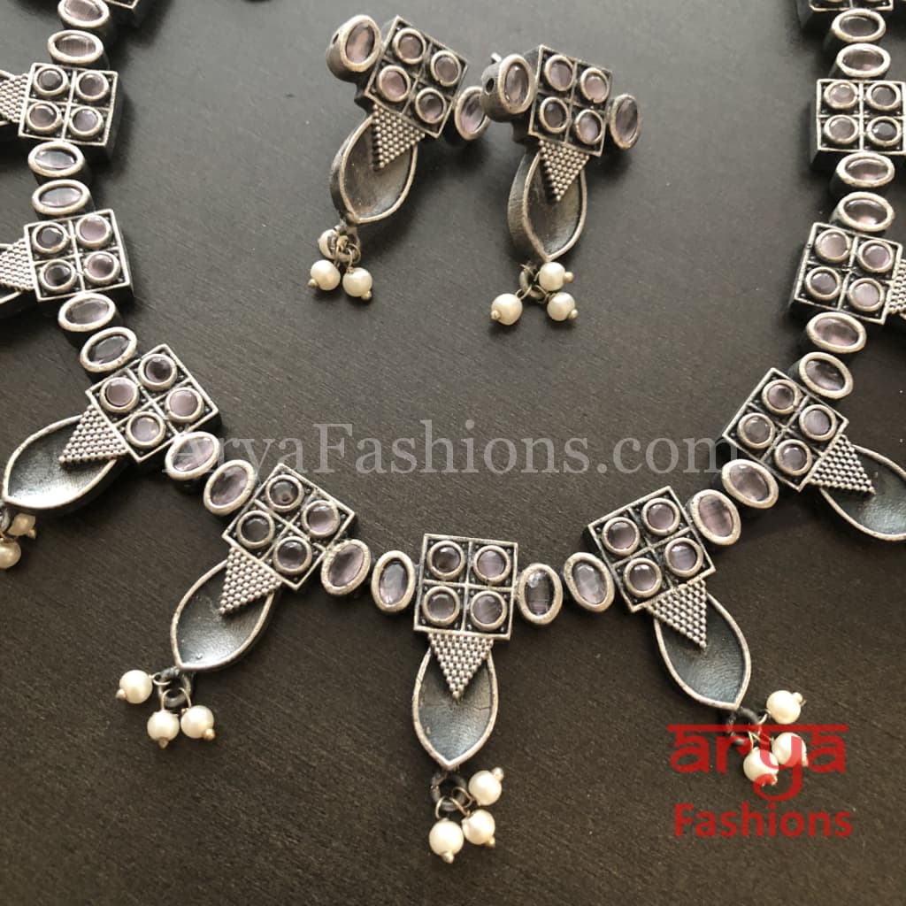 Rumi Handmade Oxidized Silver Necklace with Pearl Beads/Kolhapuri