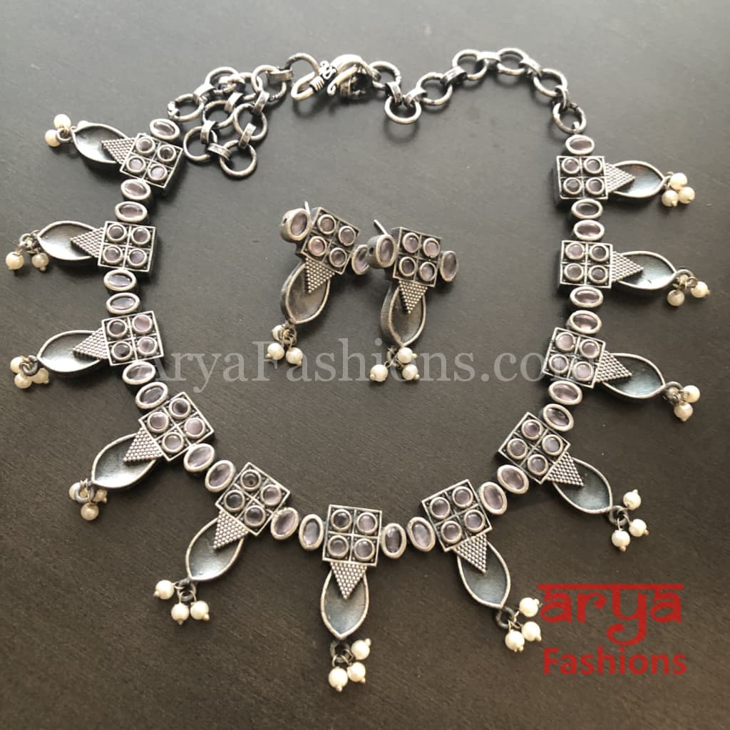 Rumi Handmade Oxidized Silver Necklace with Pearl Beads/Kolhapuri