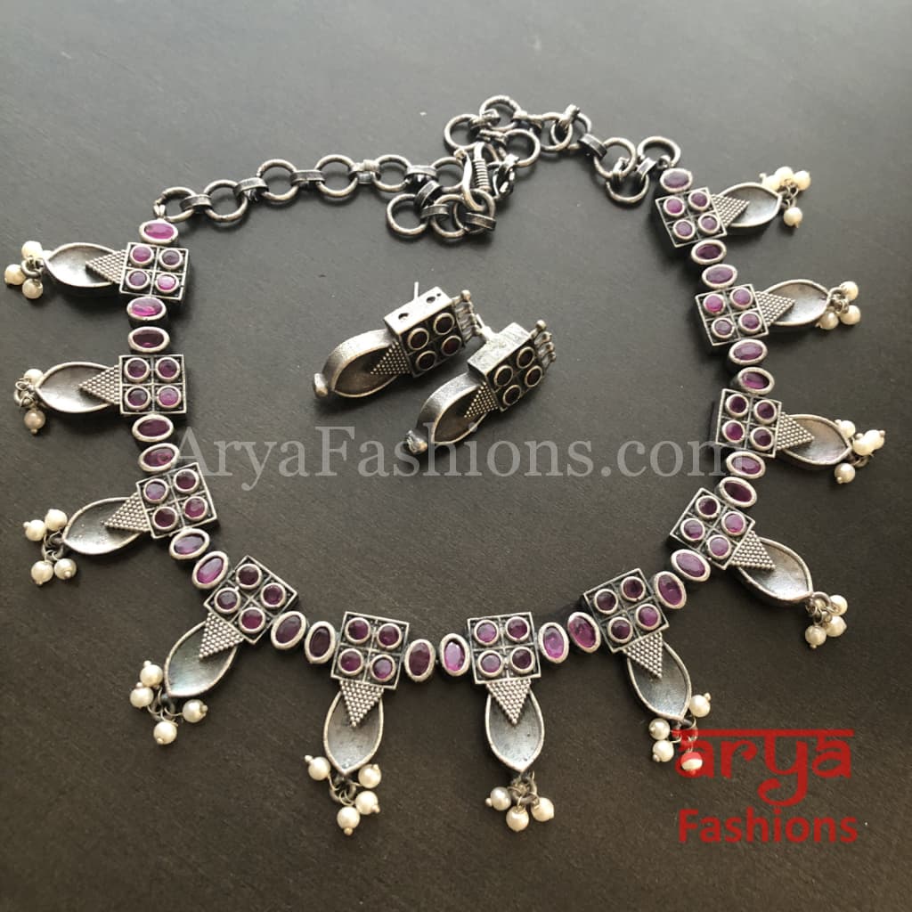 Rumi Handmade Oxidized Silver Necklace with Pearl Beads/Kolhapuri