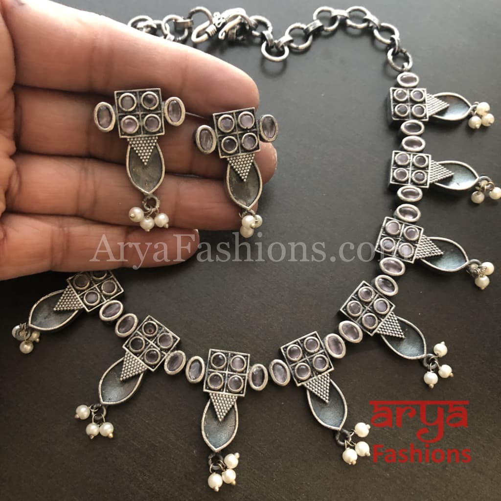 Rumi Handmade Oxidized Silver Necklace with Pearl Beads/Kolhapuri